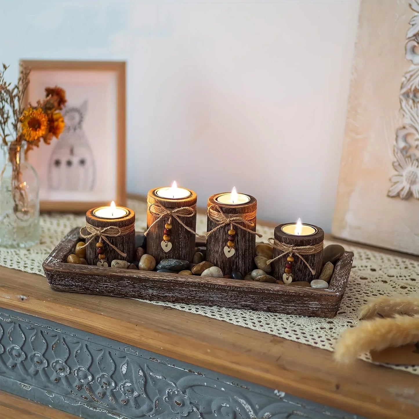 Paulownia Wood Centerpiece Tray with 4 Tealight Holders & Beaded Accent