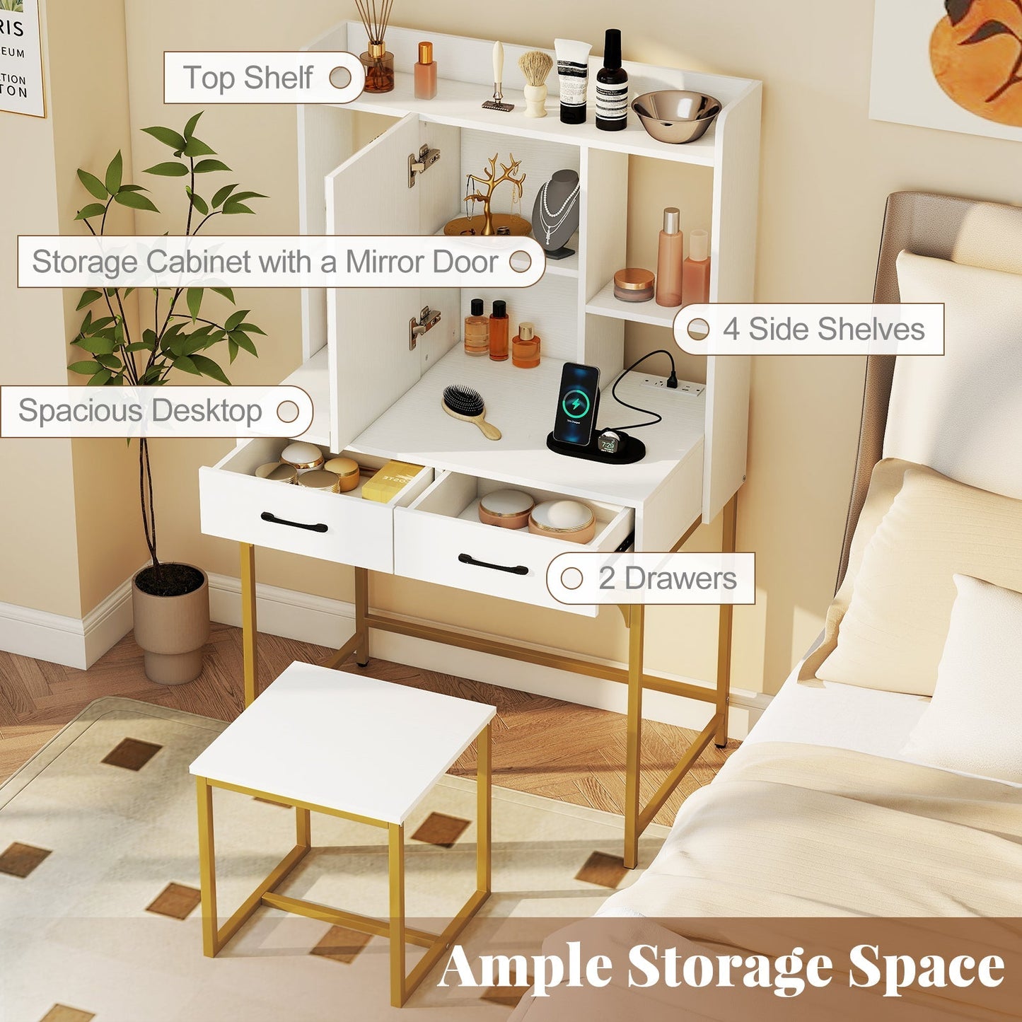 Vanity Desk with Storage Drawers and Charging Station