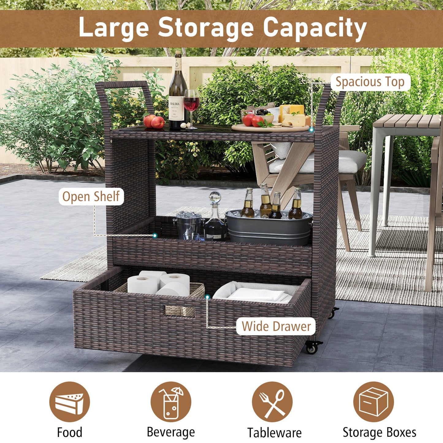 Outdoor Wicker Bar Cart Table with Tempered Glass Top