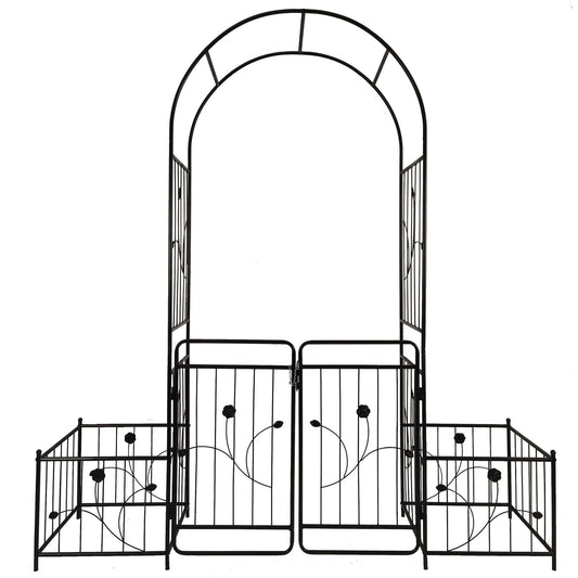 Metal Garden Arch With Gate Wide High Climbing Plants Support Rose Arch Outdoor - Black