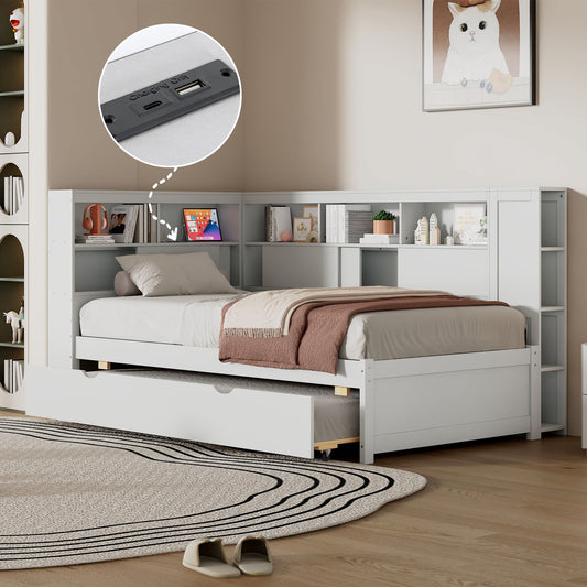 Twin Size Wood Daybed with Storage Shelves, USB and Trundle