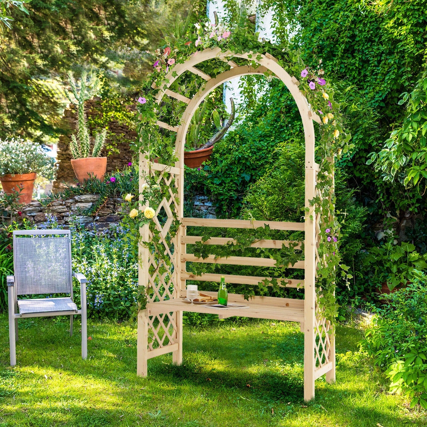 Wooden Garden Bench Arch Pergola Outdoor Arbor