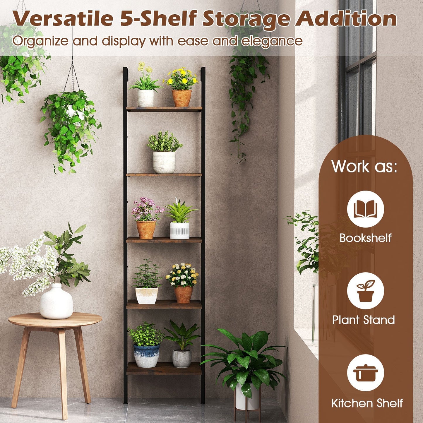 5 Tier Wall Mount Ladder Shelf with Anti-Tipping Kits for Home Office-Rustic Brown