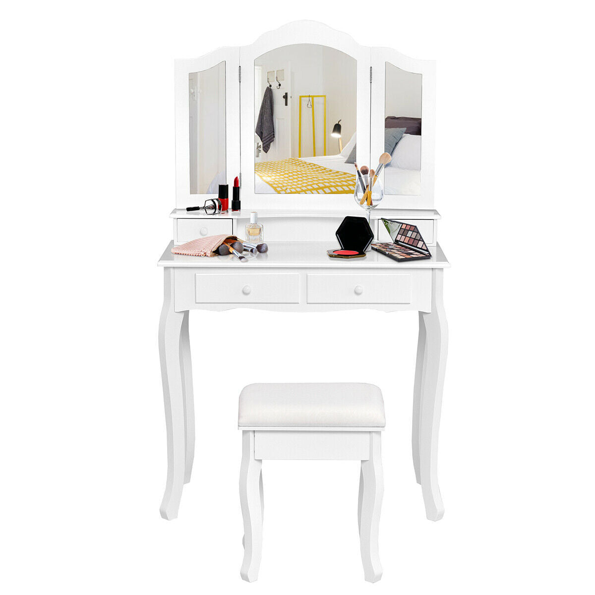 4 Drawers Wood Mirrored Vanity Dressing Table with Stool