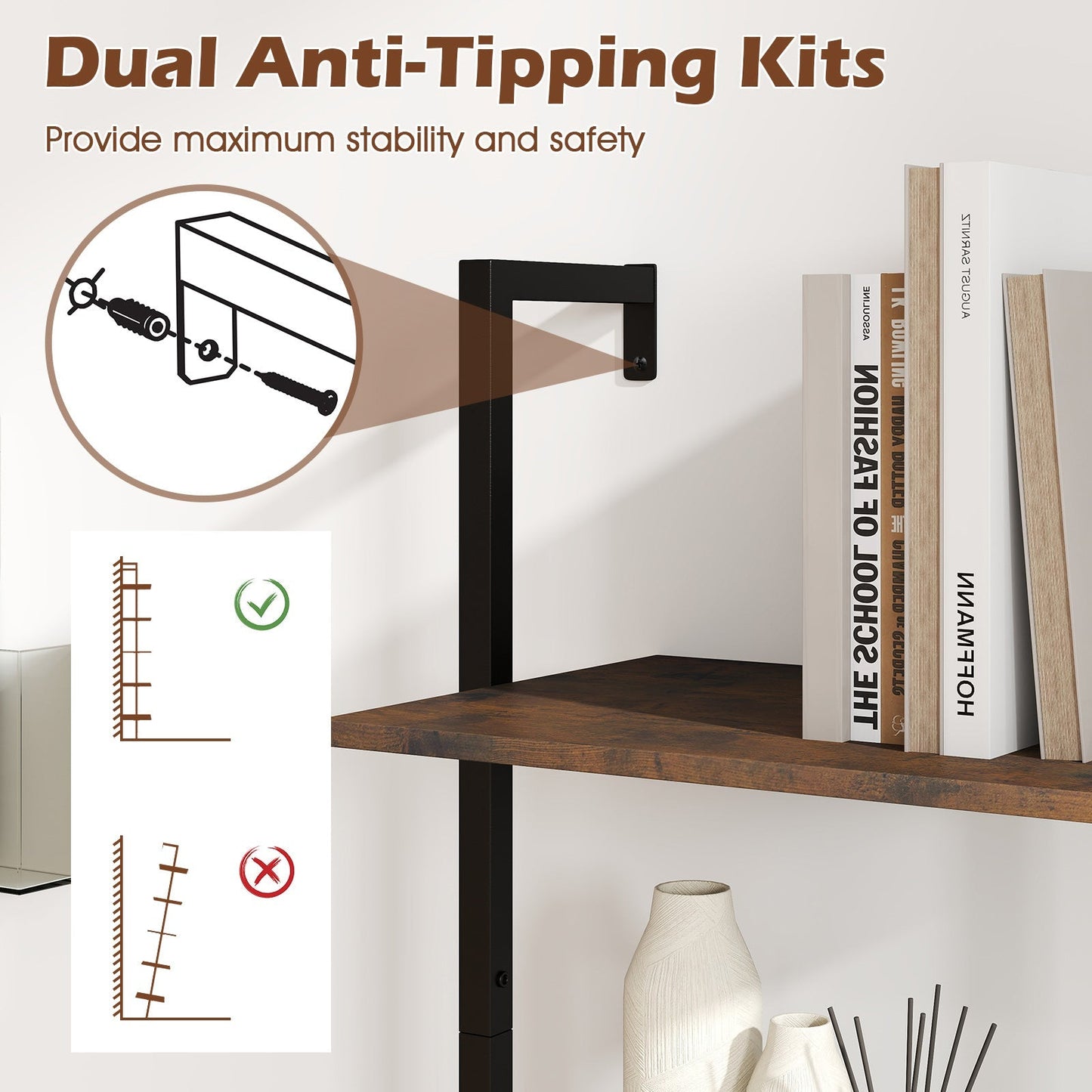 5 Tier Wall Mount Ladder Shelf with Anti-Tipping Kits for Home Office-Rustic Brown