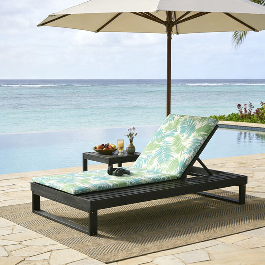 Black Acacia Wood Chaise Lounge with Cushion Set