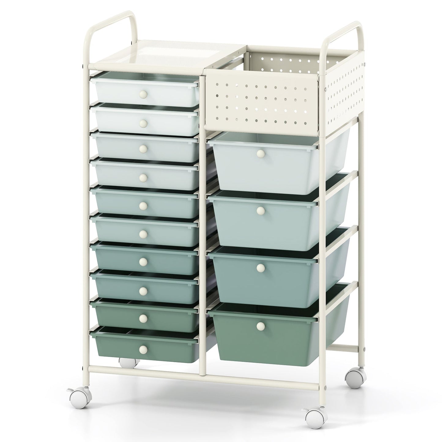 14-Drawer Rolling Storage Cart with Metal Tabletop and Pegboard