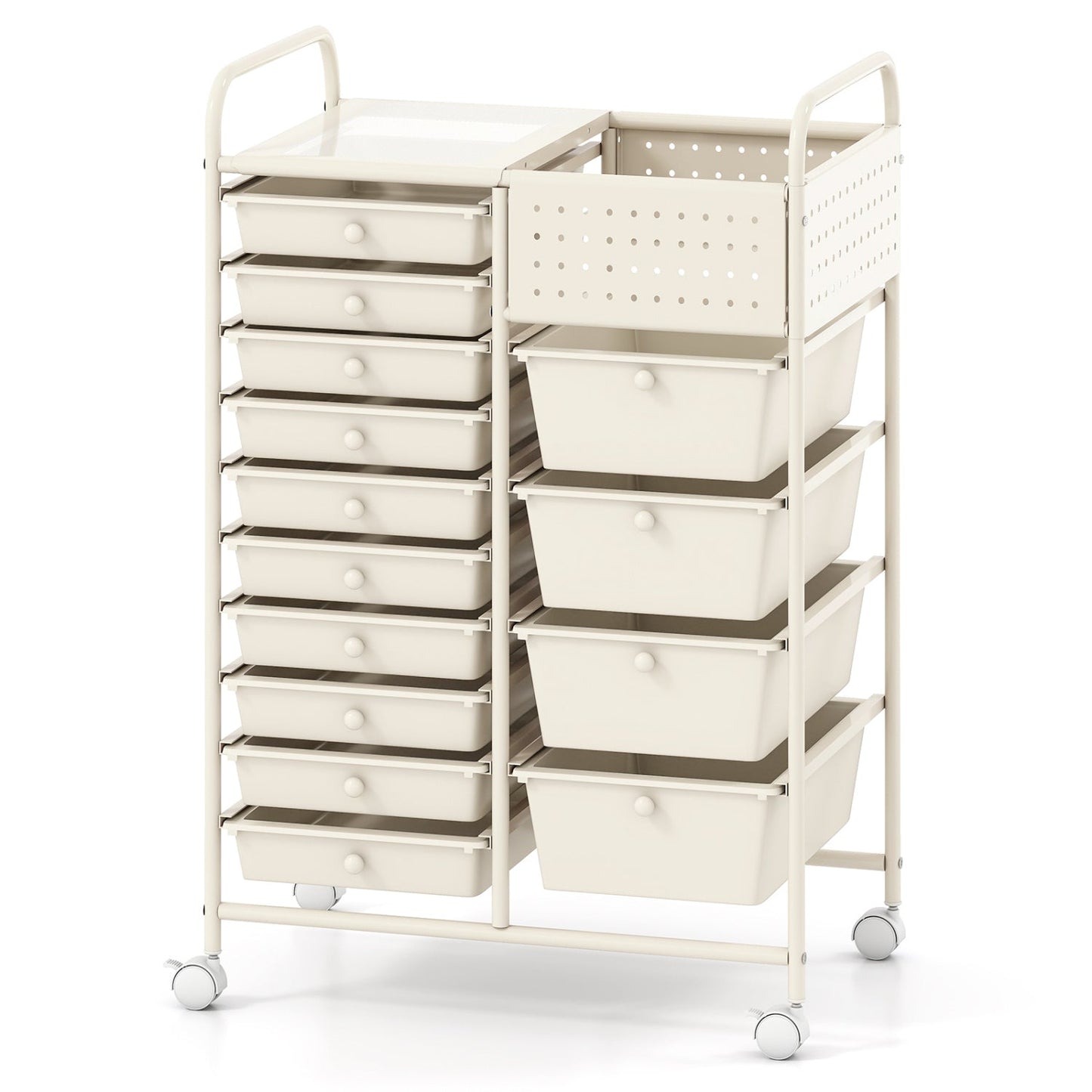 14-Drawer Rolling Storage Cart with Metal Tabletop and Pegboard