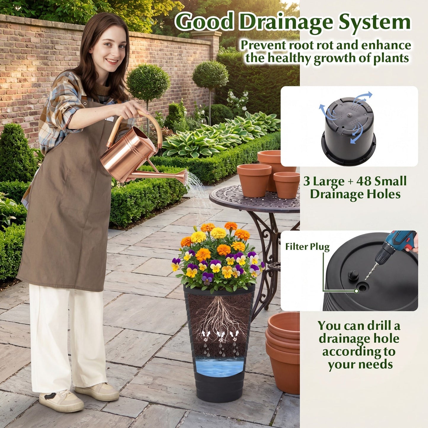 18-Inch Tall Planter Pot Set of 2 with Drainage and Handles