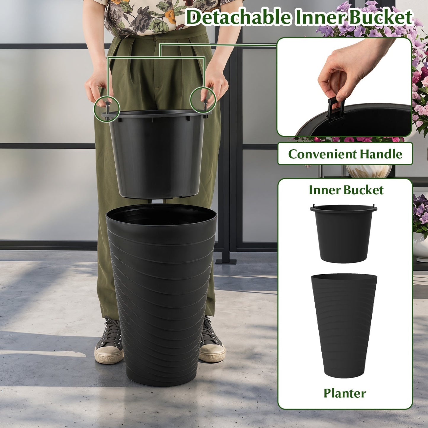 18-Inch Tall Planter Pot Set of 2 with Drainage and Handles