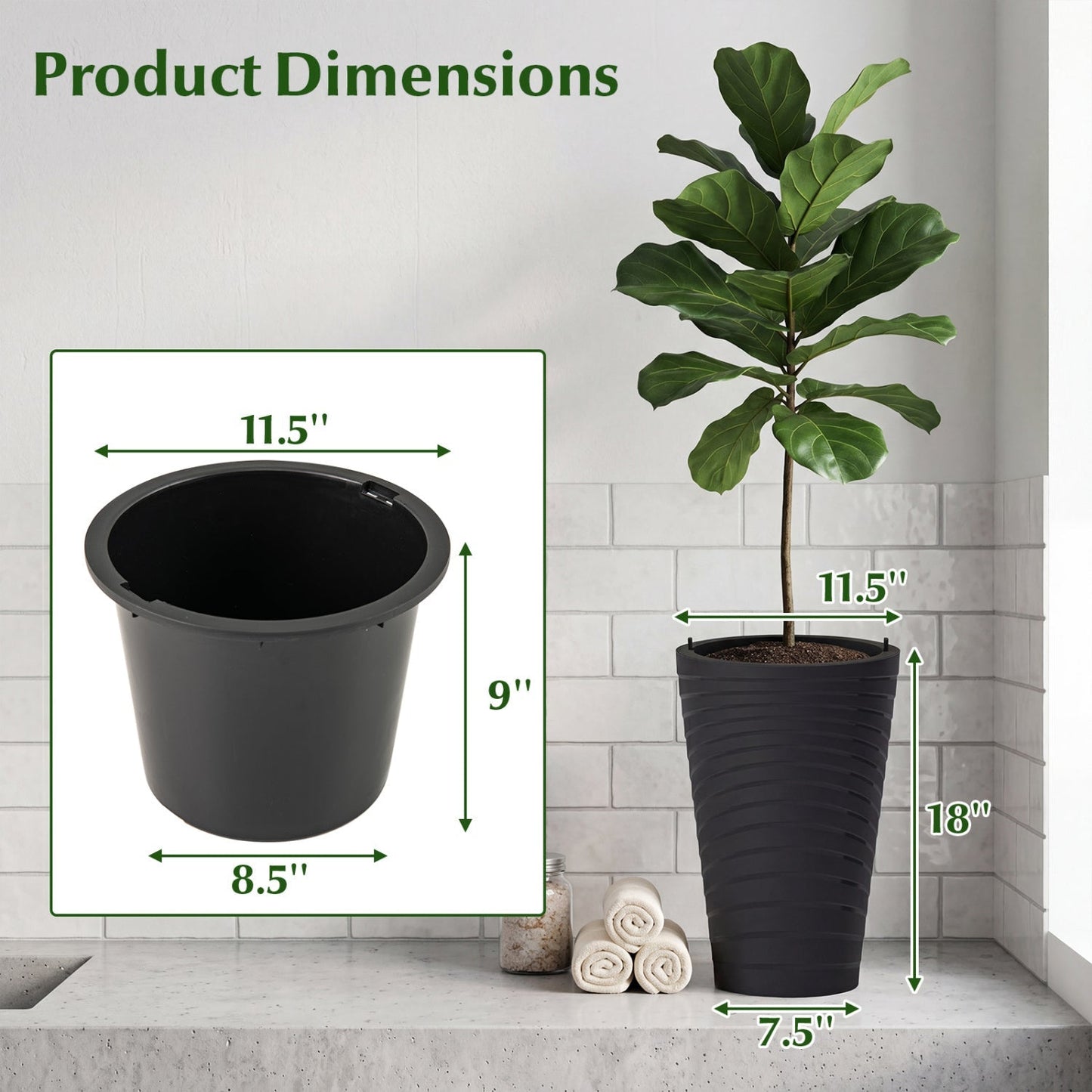 18-Inch Tall Planter Pot Set of 2 with Drainage and Handles