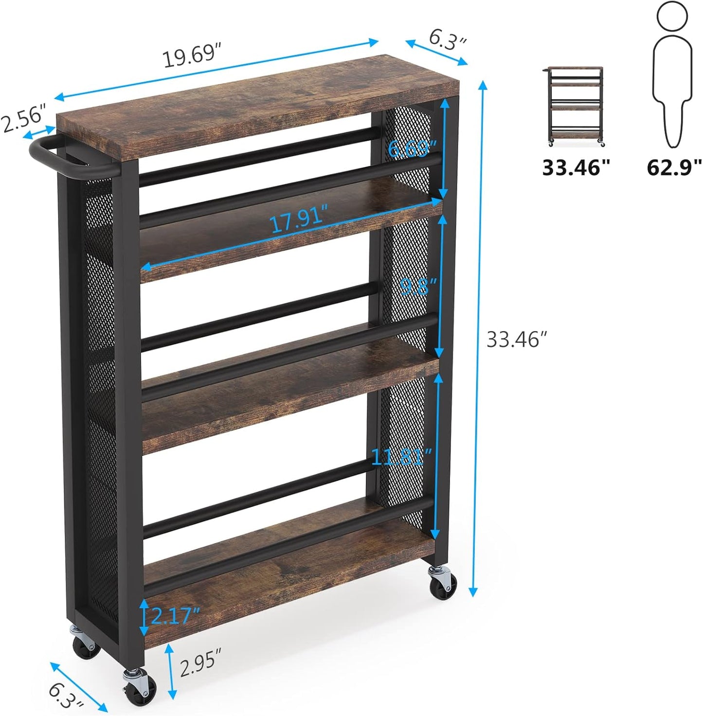 20" Slim 4-Tier Rolling Utility Cart with Wheels