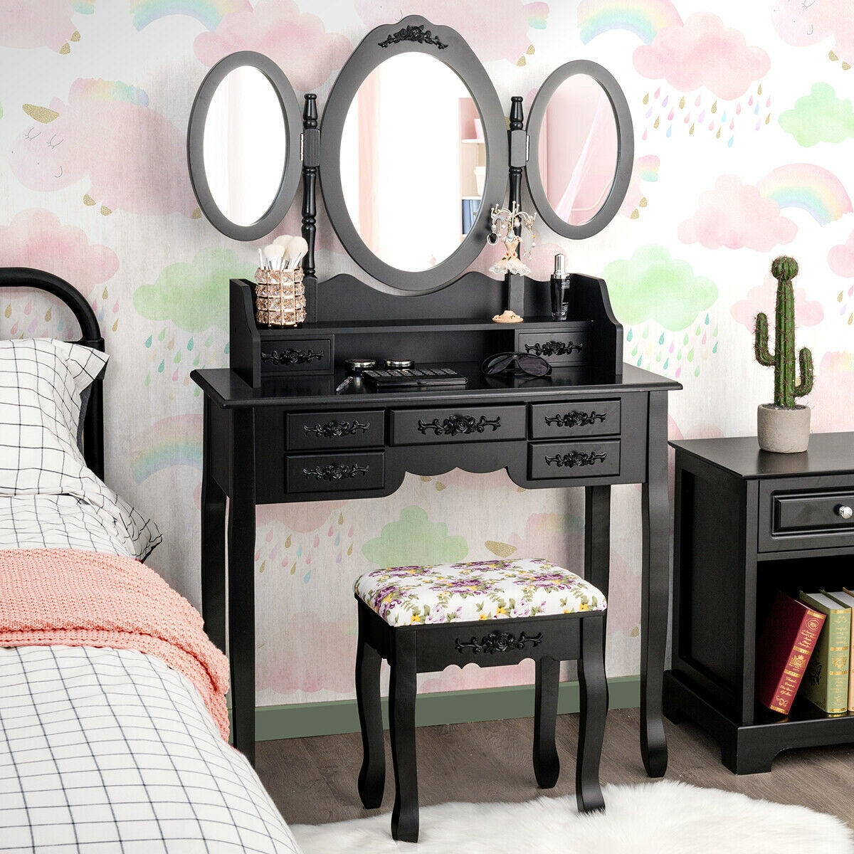 7 Drawer Tri-Folding Mirror Dressing Vanity Makeup Set