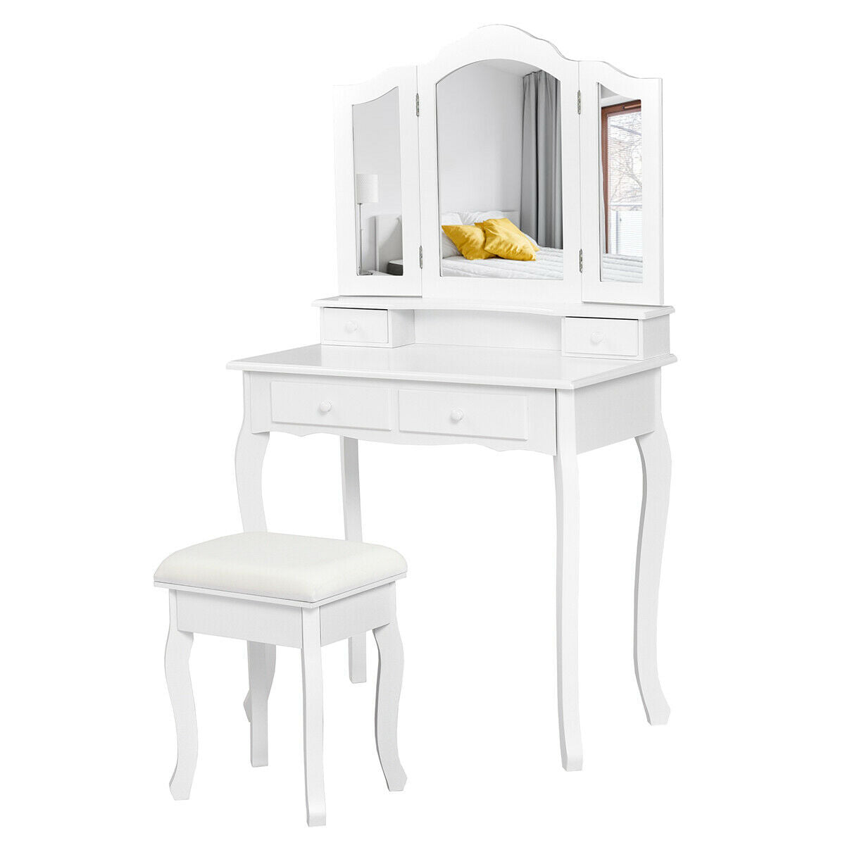 4 Drawers Wood Mirrored Vanity Dressing Table with Stool