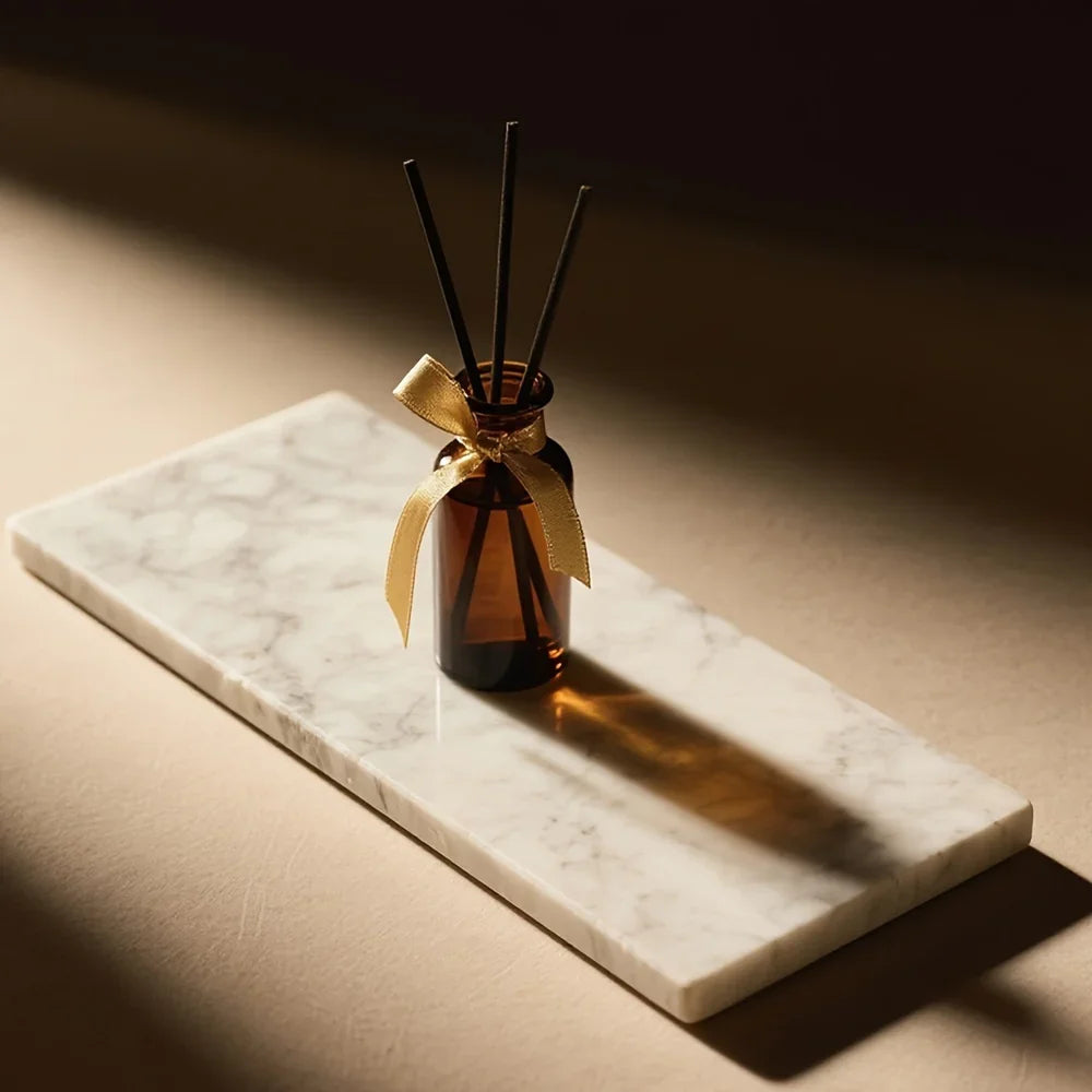 1pc Elegant White Marble Rectangular Tray - Modern Polished Stone Decorative Tray for Vanity, Bathroom, Kitchen | Versatile Home Accessory for Cosmetics, Jewelry, Floral Arrangements | No Batteries Needed, Bathroom Decor, Bes