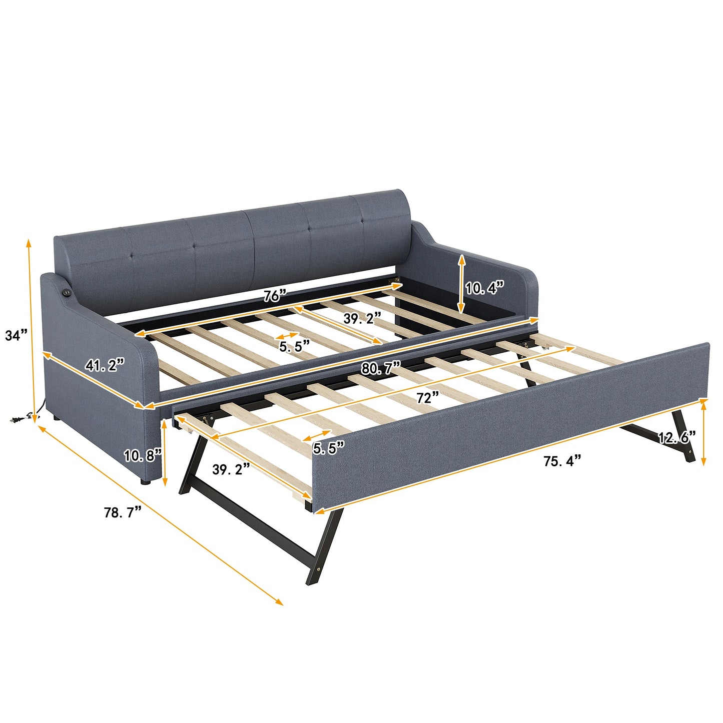 Twin Size Upholstery Daybed with Trundle and USB Charging Design
