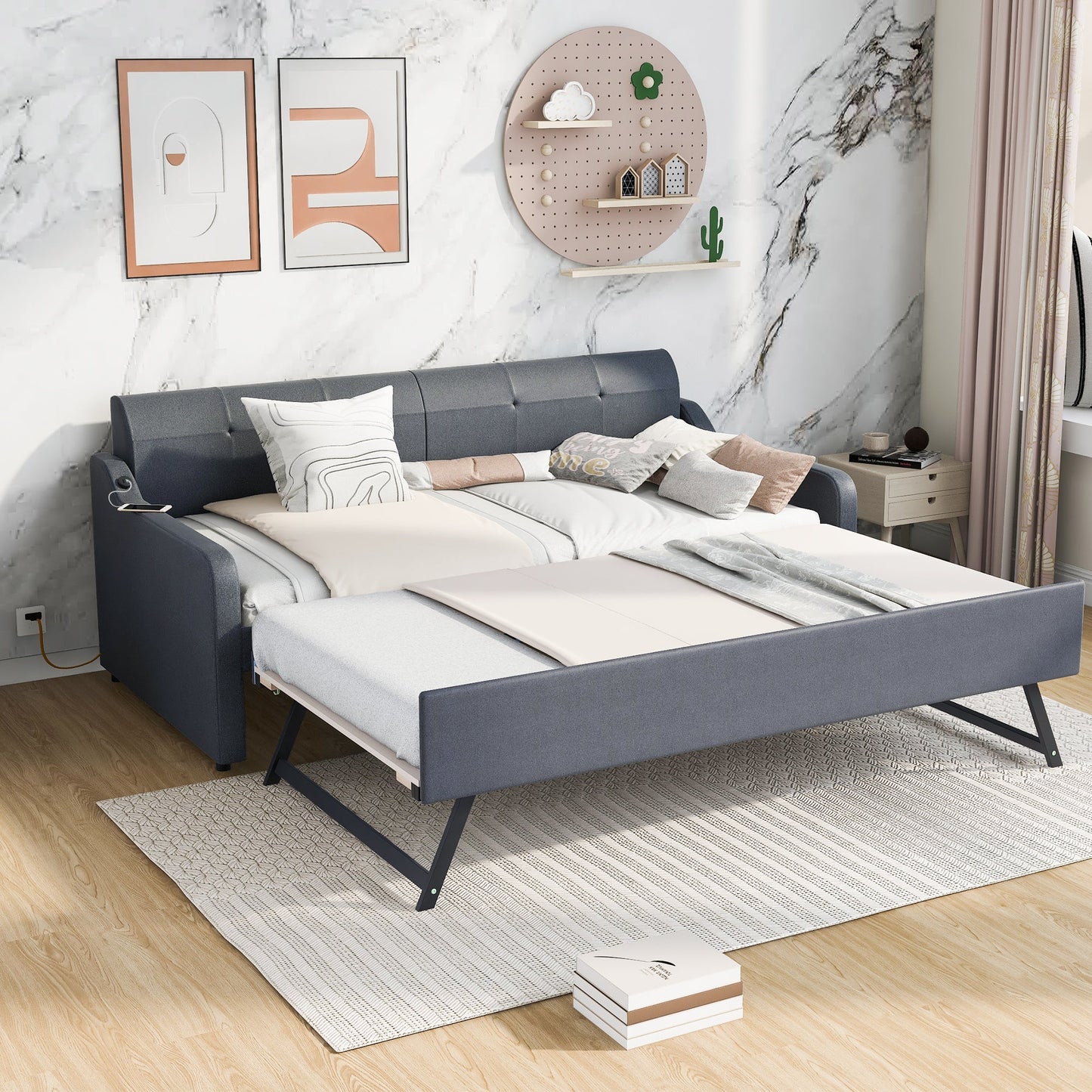 Twin Size Upholstery Daybed with Trundle and USB Charging Design