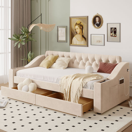Twin Size Upholstered Daybed With Storage Armrests and USB Port