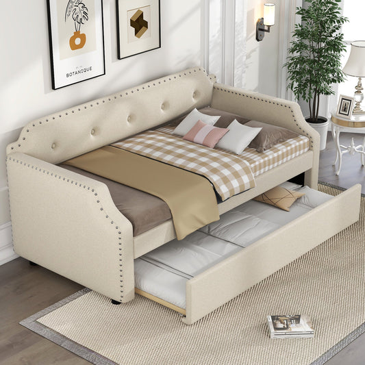 Upholstered Daybed with Trundle, Wood Slat Support, Twin