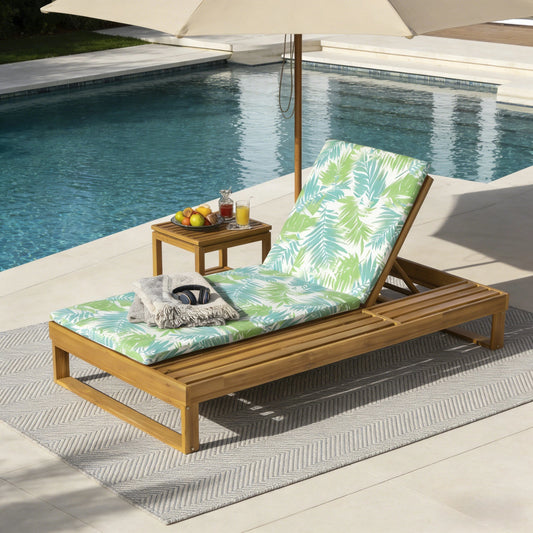 Teak Finish Acacia Wood Chaise Lounge with Cushion Set
