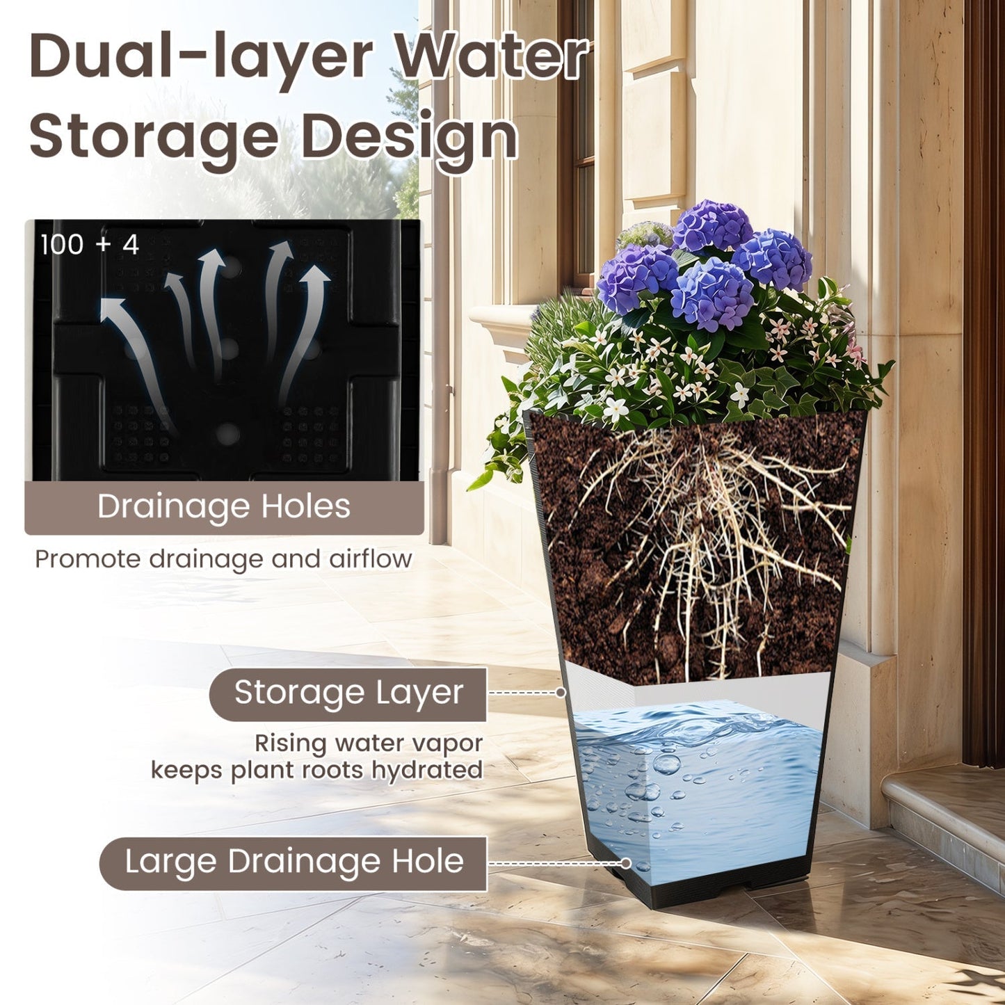 22.5" Tall Self-Watering Square Planter Set of 2