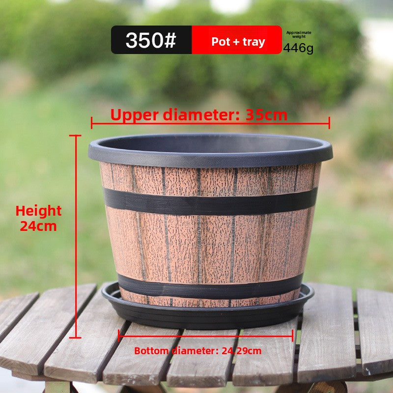 Retro Imitation Wooden Barrel Plastic Flower Pot