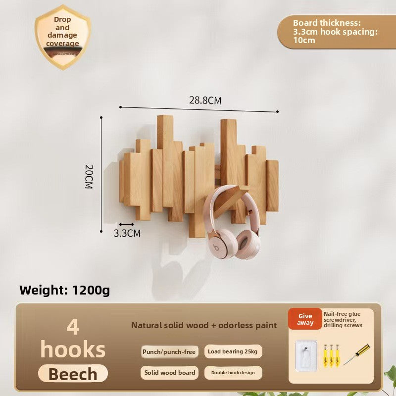 Solid Wood Adhesive Door Hook Rack for Hats and Coats