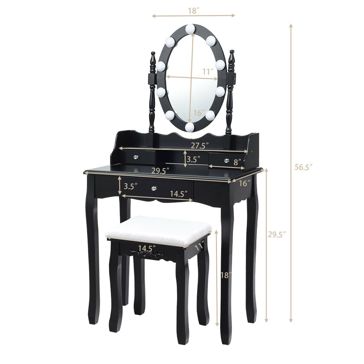 Oval Mirror Vanity Set with 10 LED Dimmable Bulbs and 3 Drawers