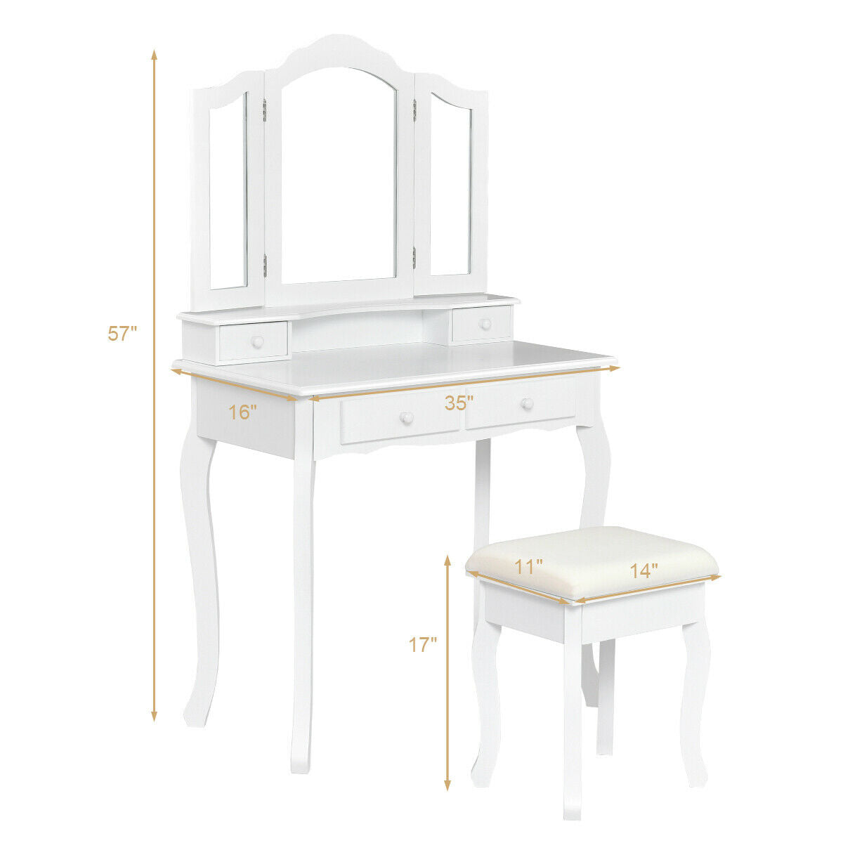 4 Drawers Wood Mirrored Vanity Dressing Table with Stool
