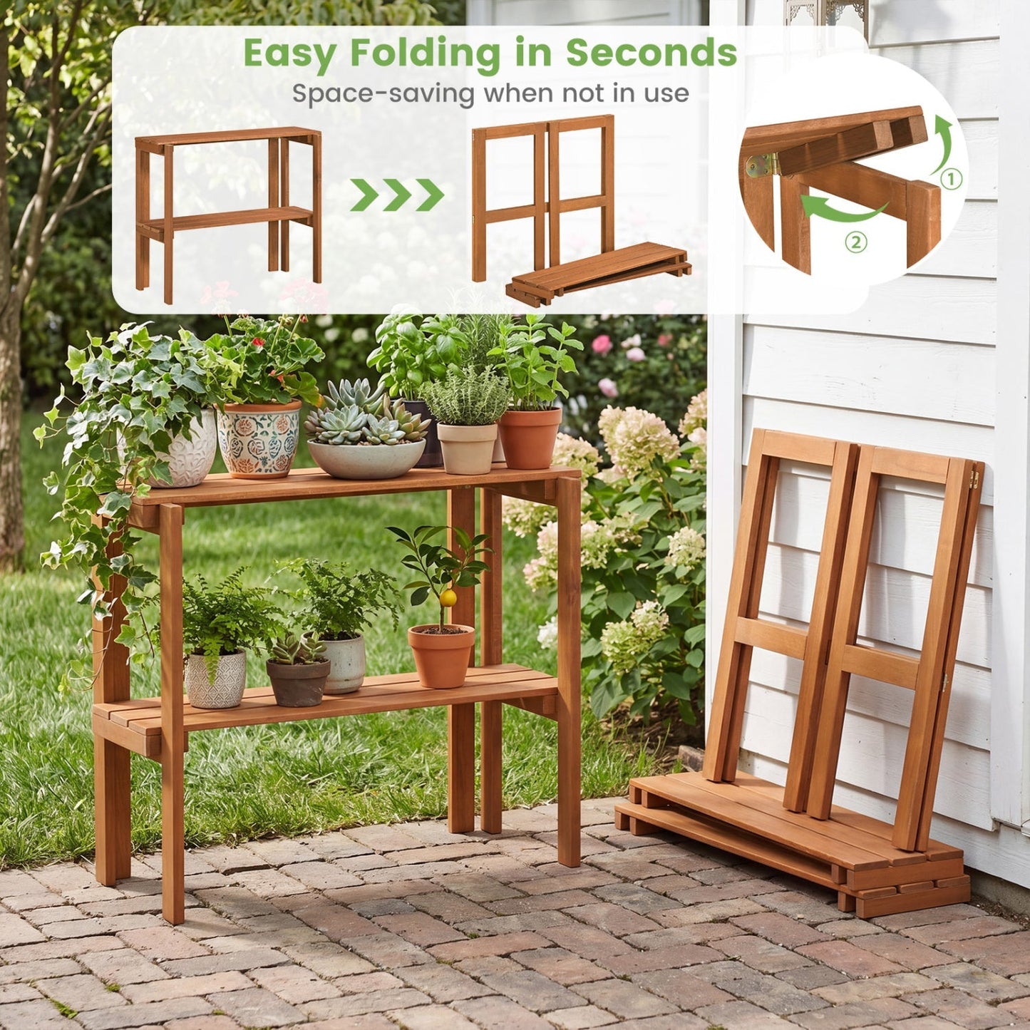 3-Tier Folding Wooden Storage Shelf for Entryway & Garden