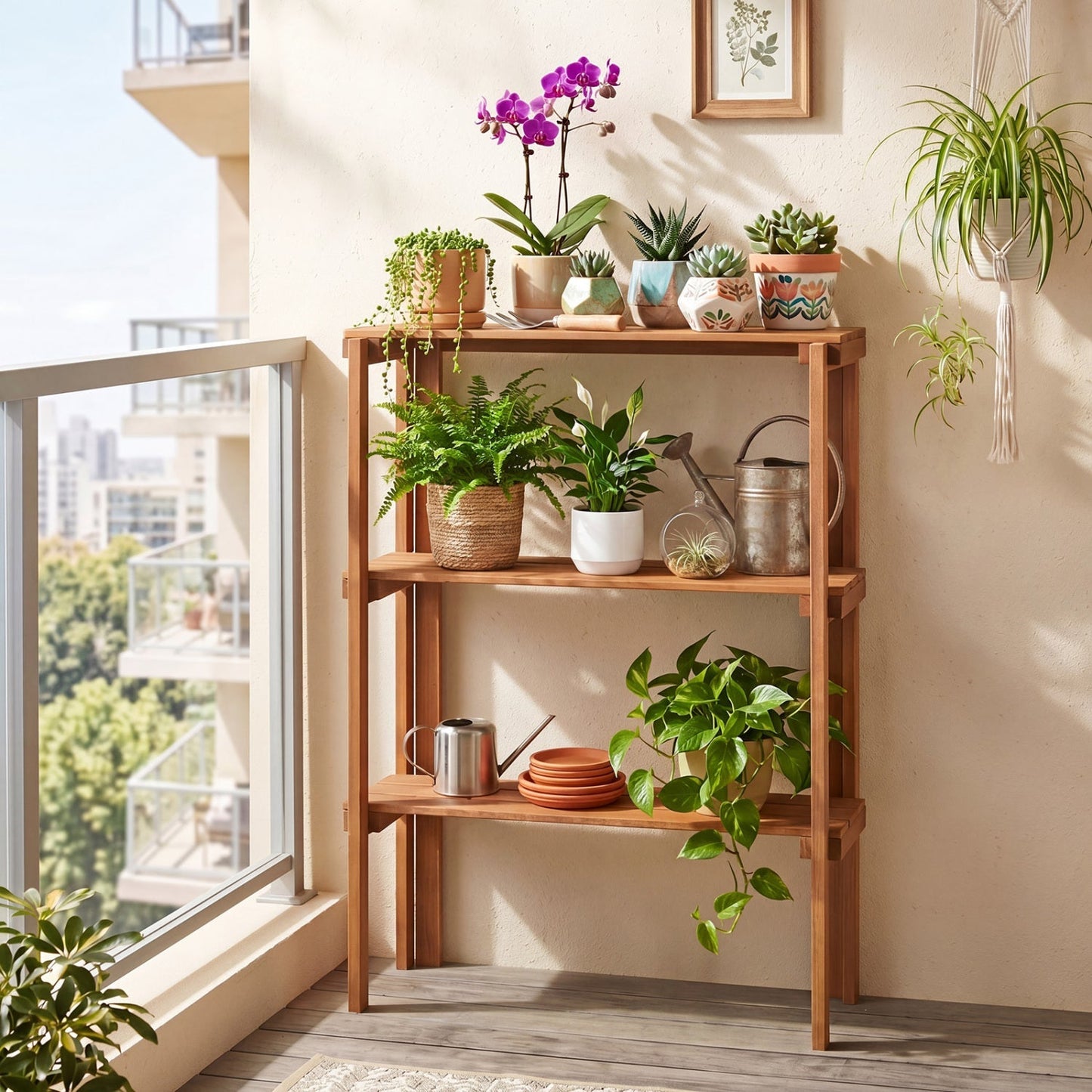 3-Tier Folding Wooden Storage Shelf for Entryway & Garden