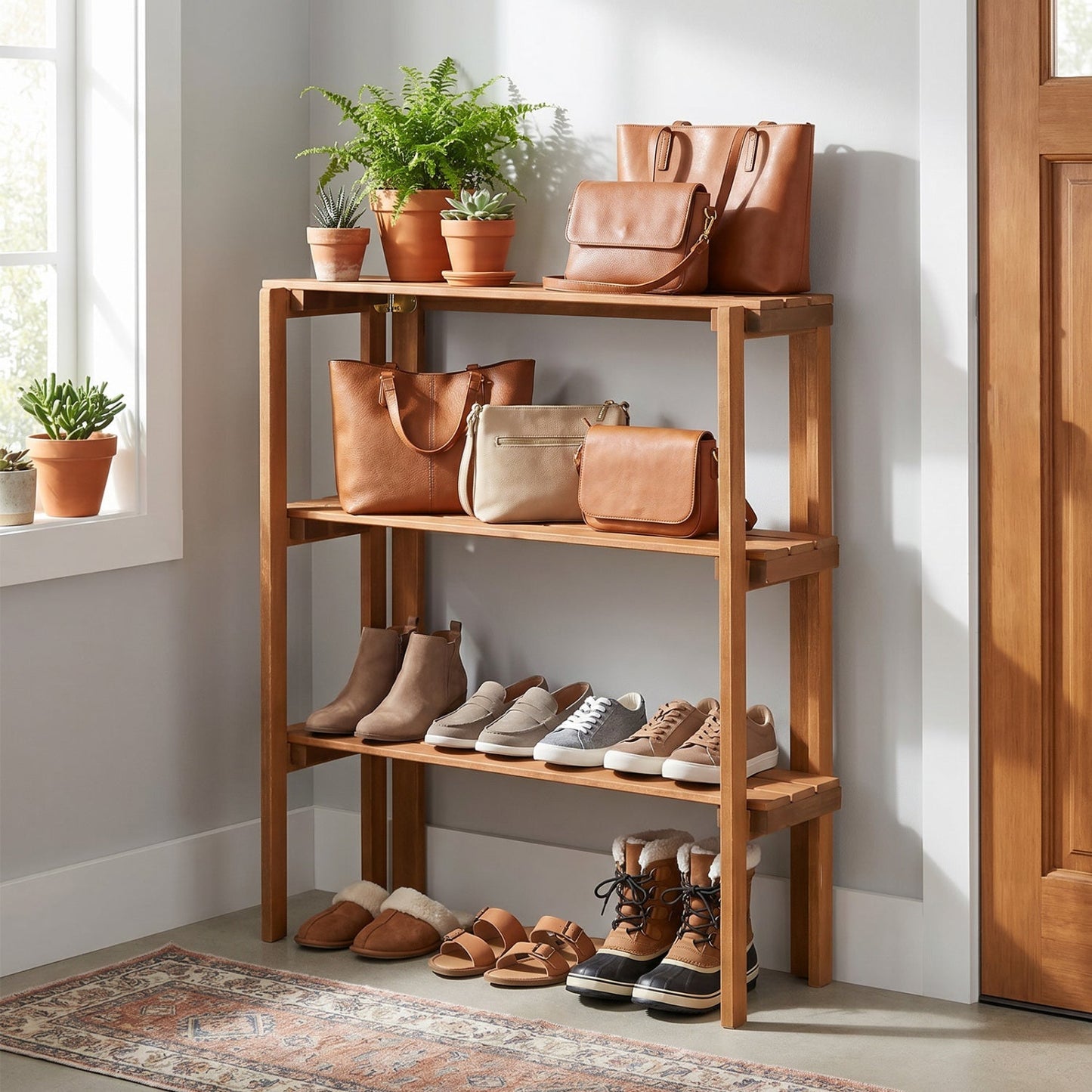3-Tier Folding Wooden Storage Shelf for Entryway & Garden