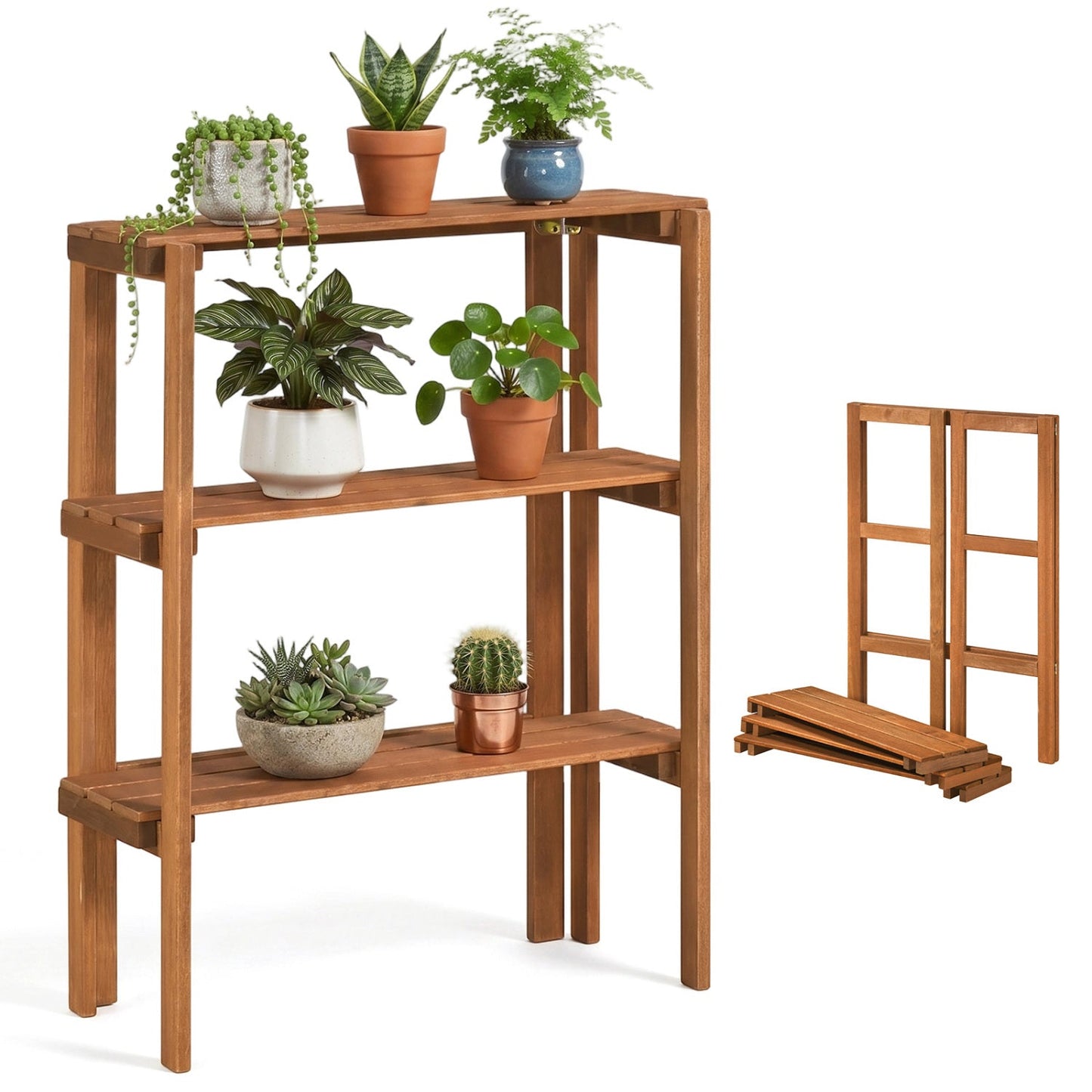 3-Tier Folding Wooden Storage Shelf for Entryway & Garden