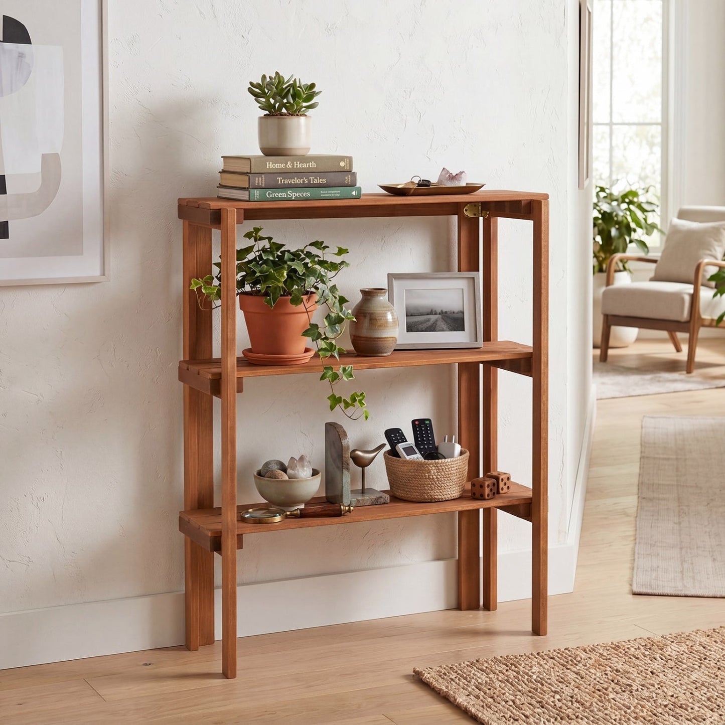 3-Tier Folding Wooden Storage Shelf for Entryway & Garden