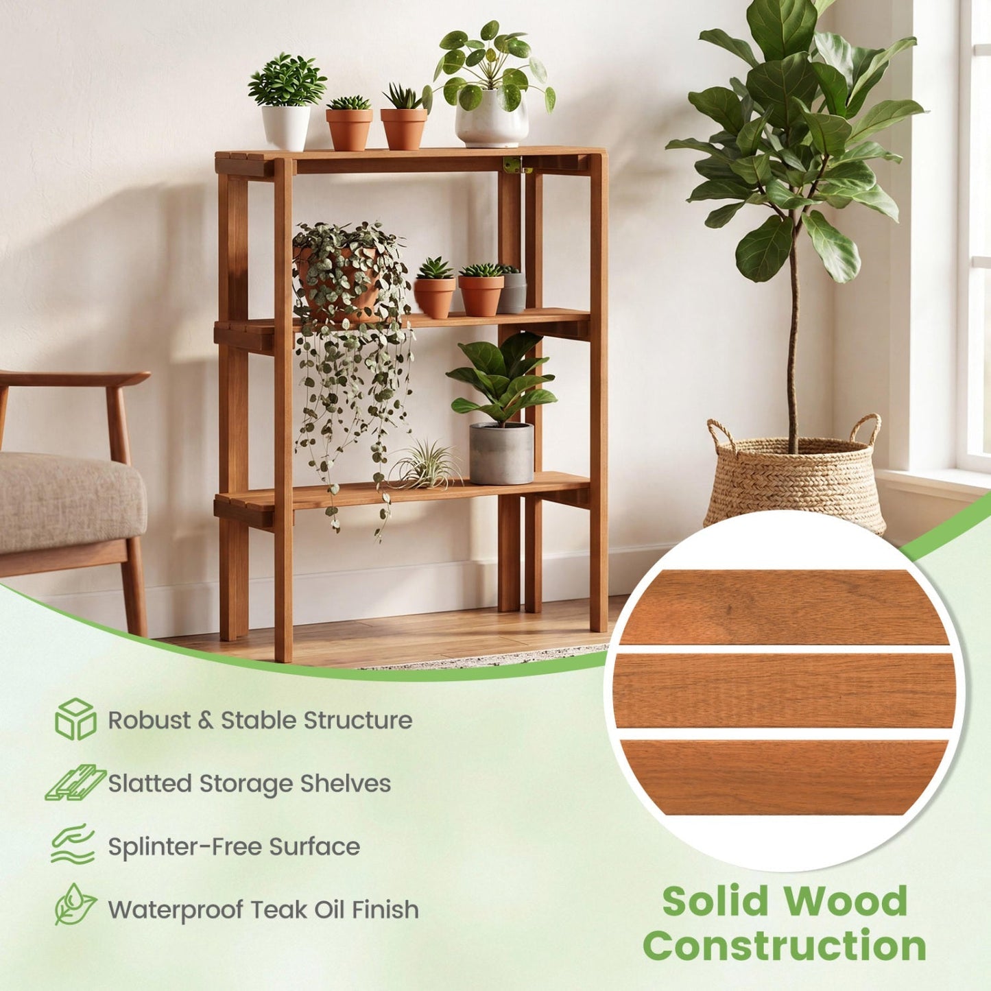 3-Tier Folding Wooden Storage Shelf for Entryway & Garden