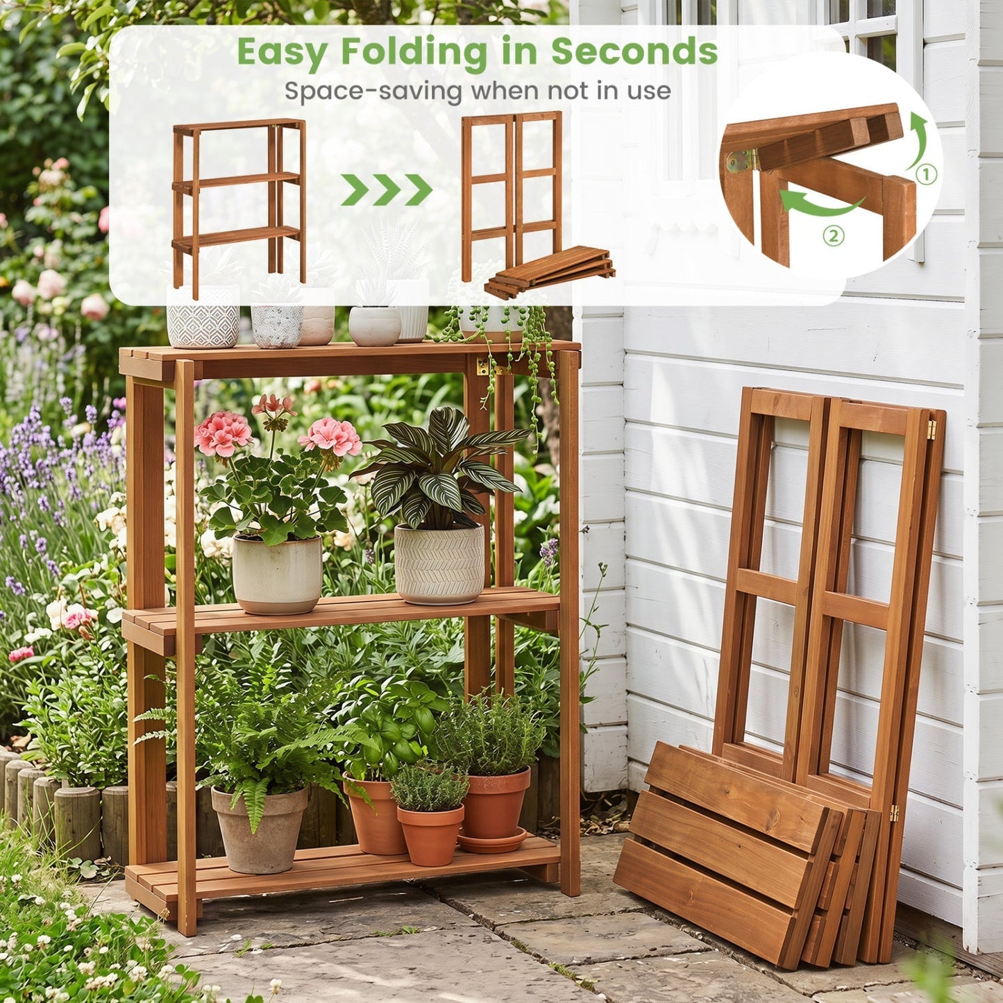 3-Tier Folding Wooden Storage Shelf for Entryway & Garden