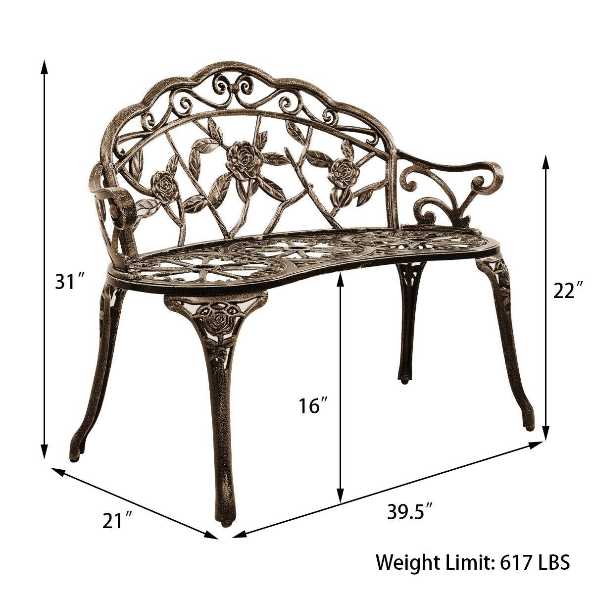 Outdoor Cast Aluminum Patio Bench Antique Rose