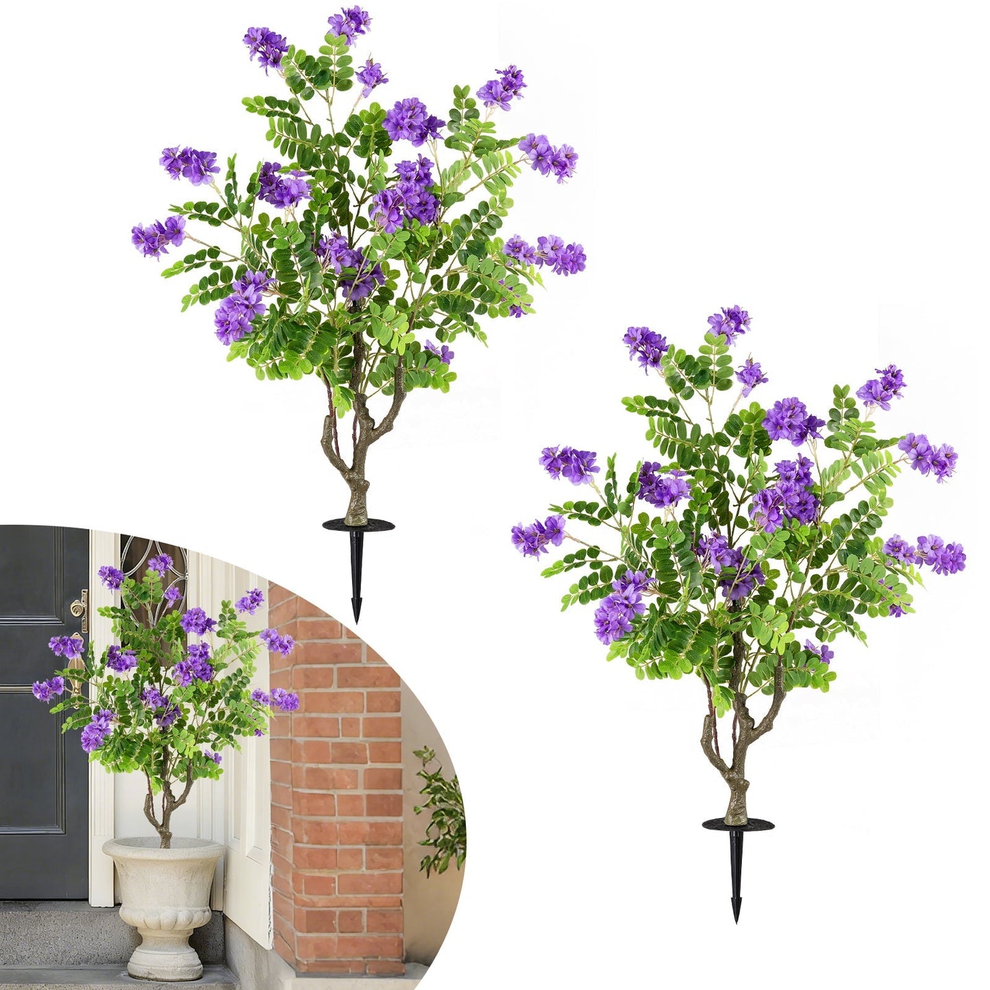 2 Pack Artificial Locust Flower Trees 39 Inch Fake Evergreen Shrubs with Ground Spikes