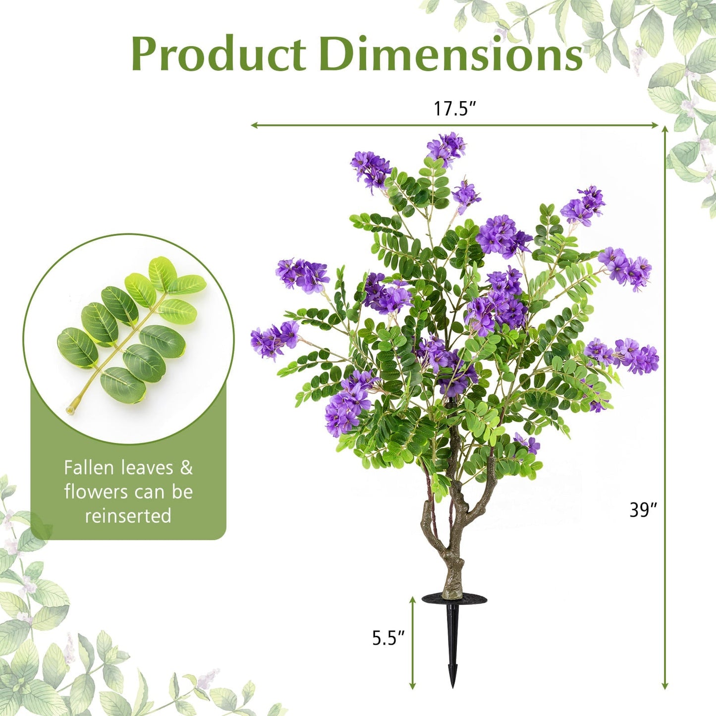 2 Pack Artificial Locust Flower Trees 39 Inch Fake Evergreen Shrubs with Ground Spikes