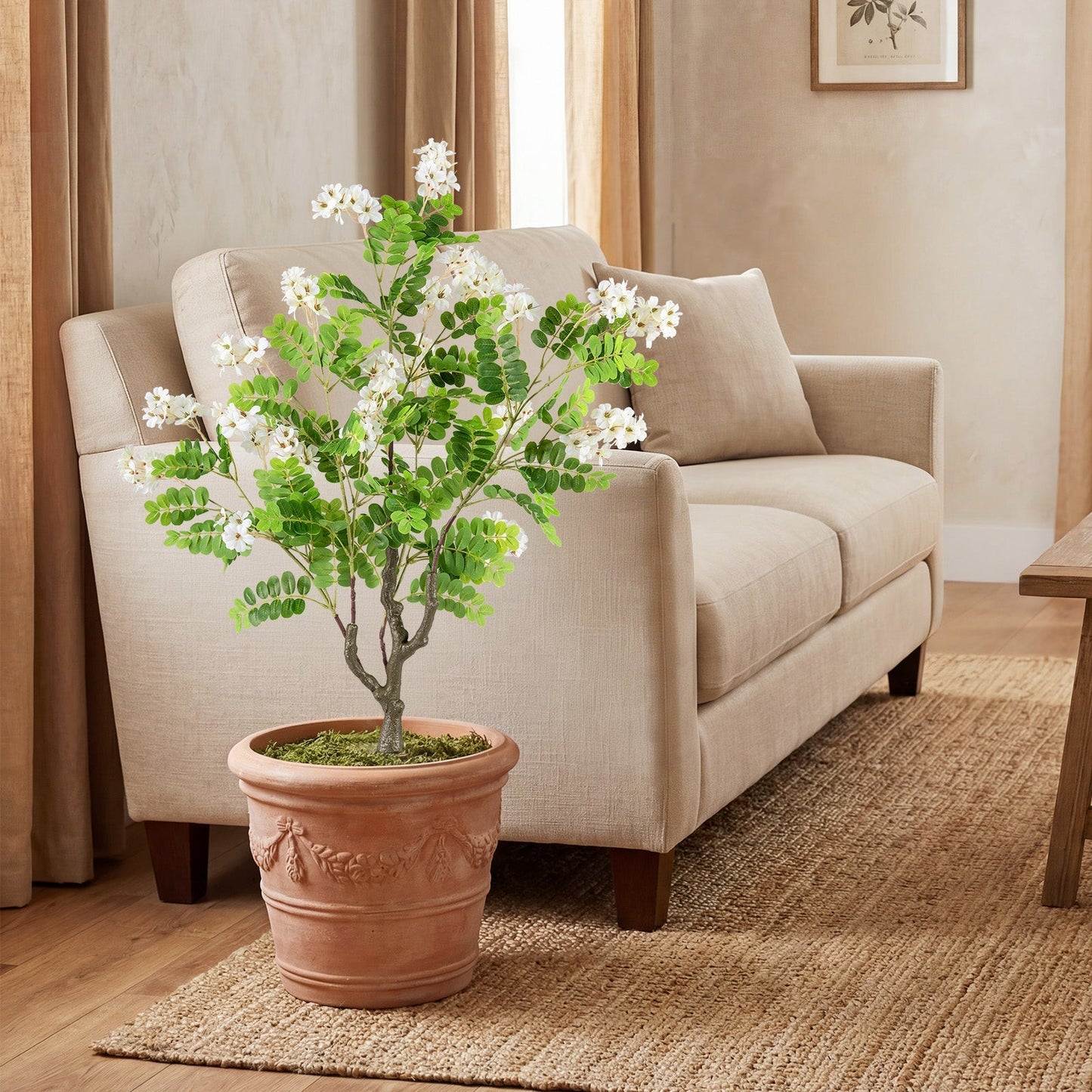 2 Pack Artificial Locust Flower Trees 39 Inch Fake Evergreen Shrubs with Ground Spikes