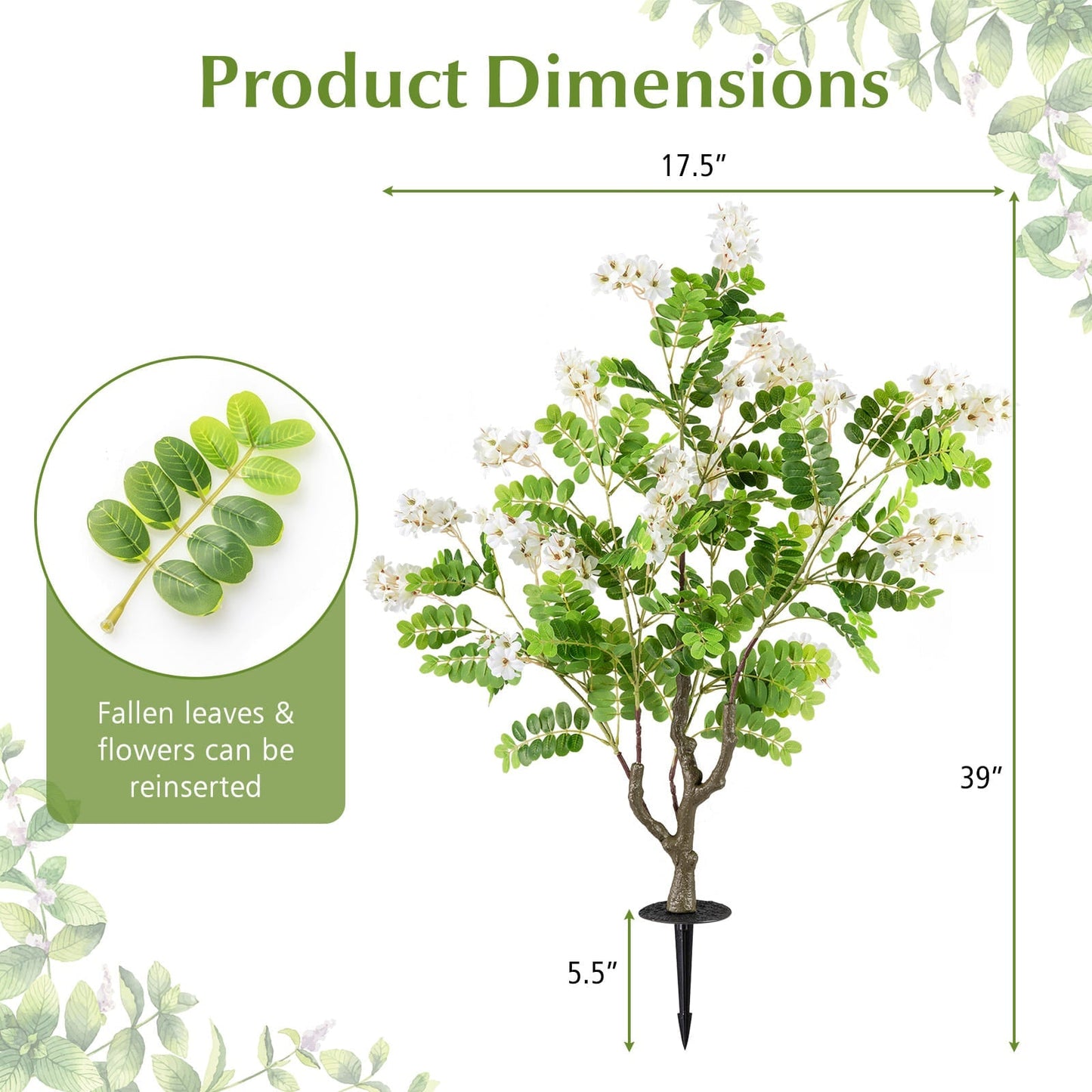 2 Pack Artificial Locust Flower Trees 39 Inch Fake Evergreen Shrubs with Ground Spikes