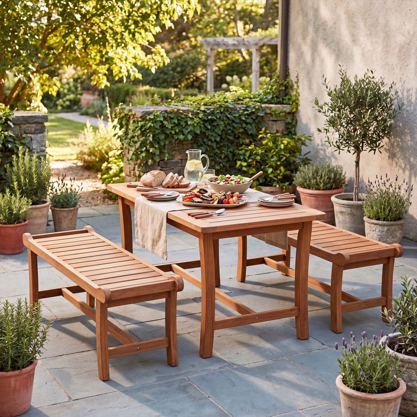 2-Person Outdoor Wood Bench with Slatted Seat - Set of 2