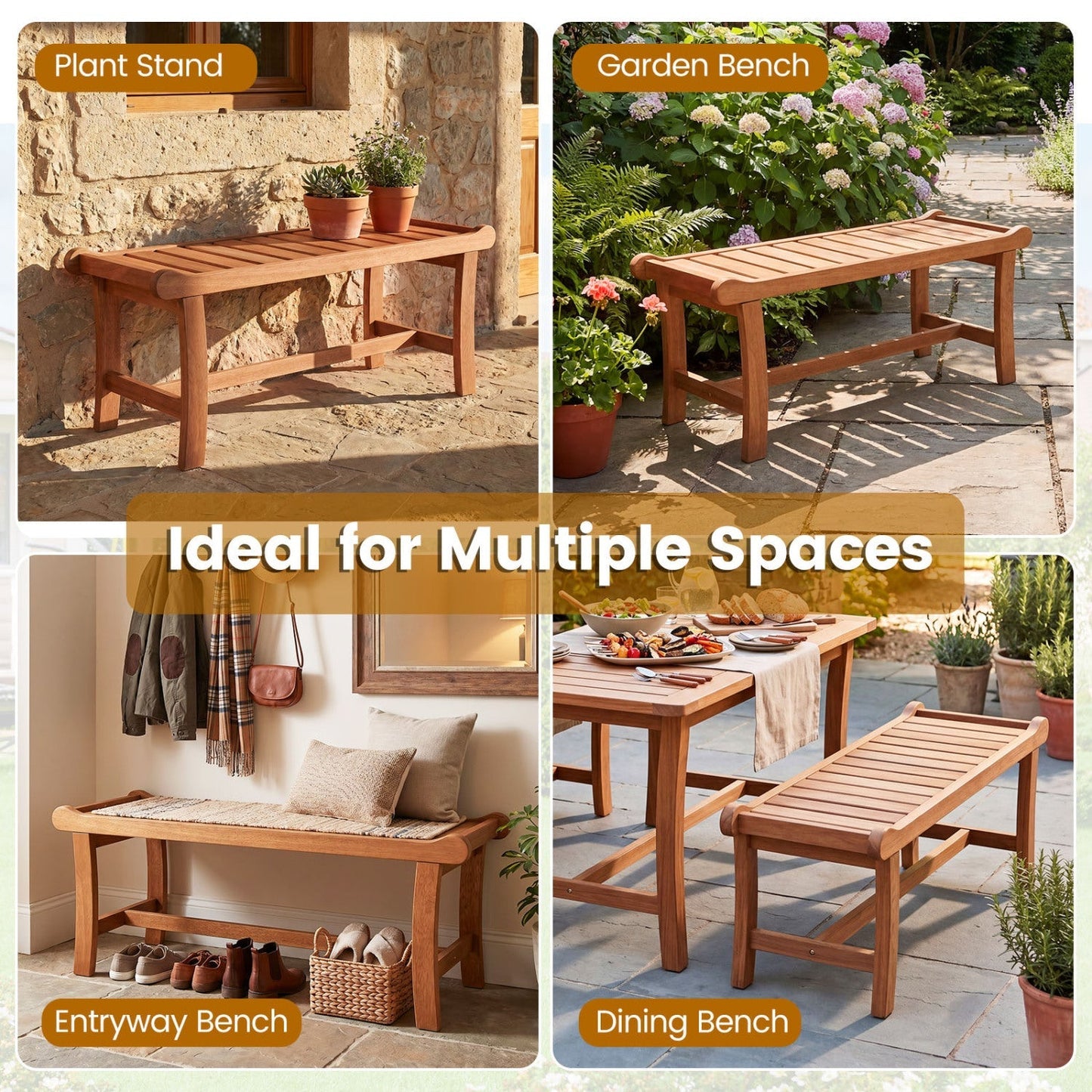 2-Person Outdoor Wood Bench with Slatted Seat - Set of 2