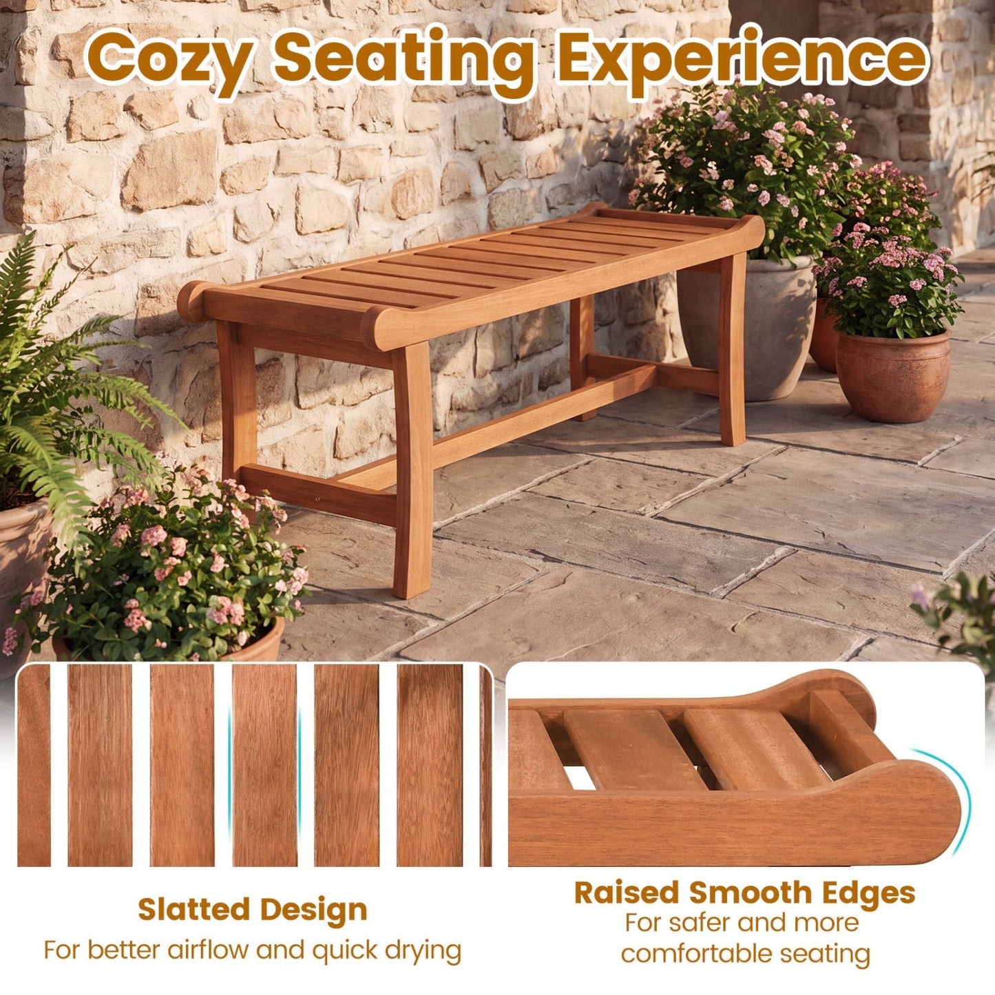 2-Person Outdoor Wood Bench with Slatted Seat - Set of 2