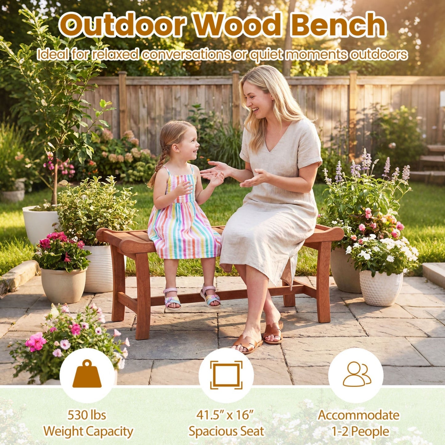 2-Person Outdoor Wood Bench with Slatted Seat - Set of 2