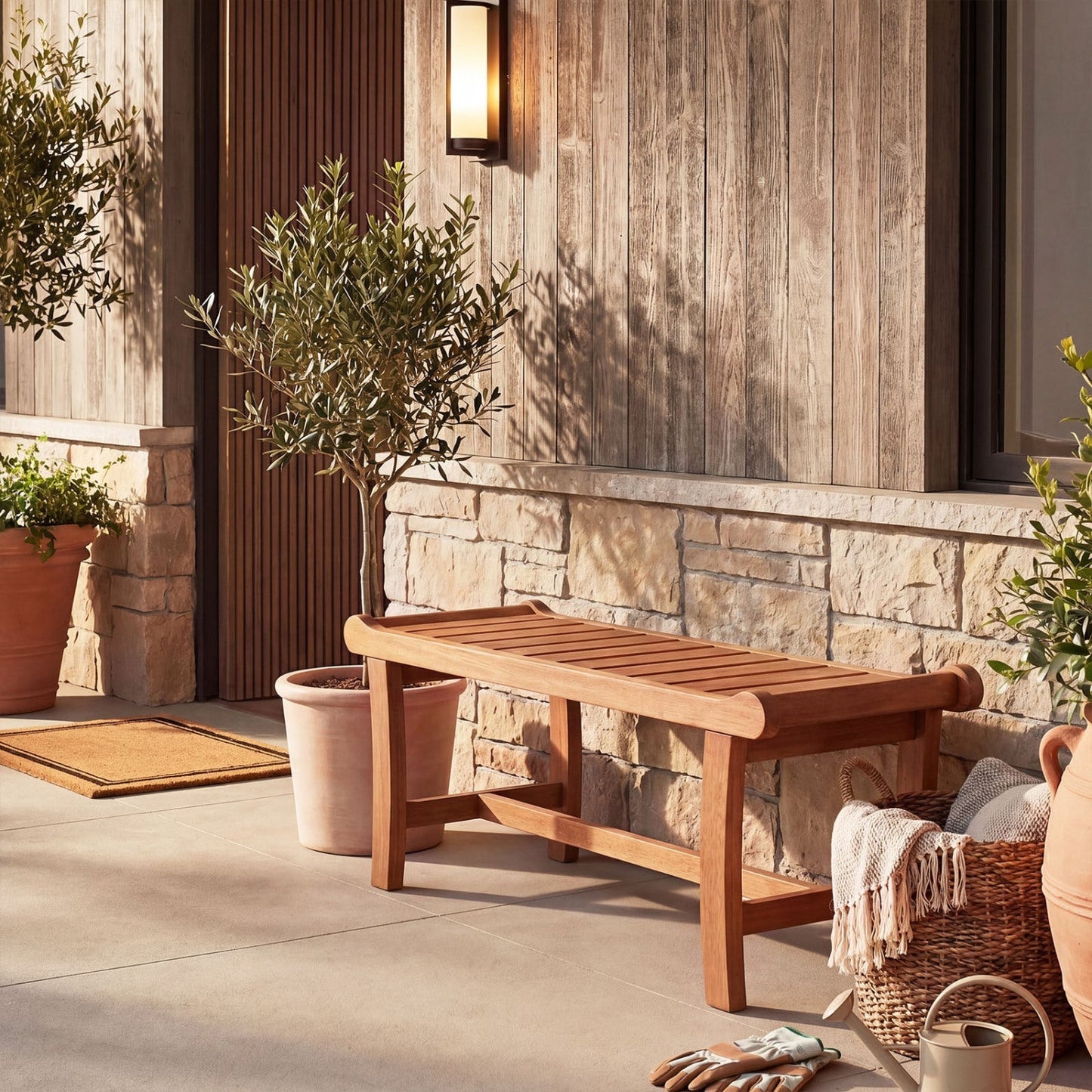 2-Person Outdoor Wood Bench with Slatted Seat - Set of 2
