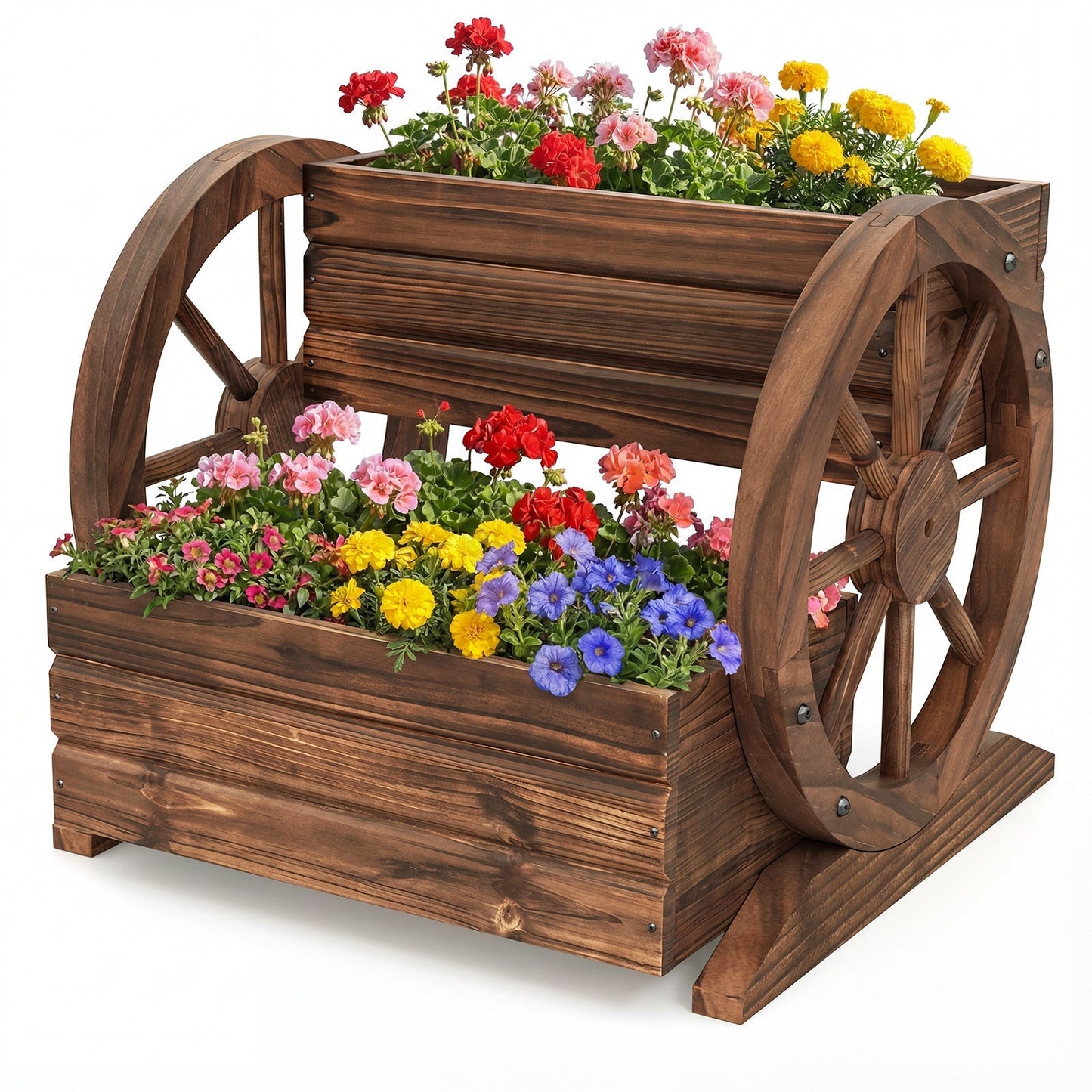 2-Tier Raised Garden Bed Rustic Wood Wagon Shape with Drainage Holes and Wheels-Coffee