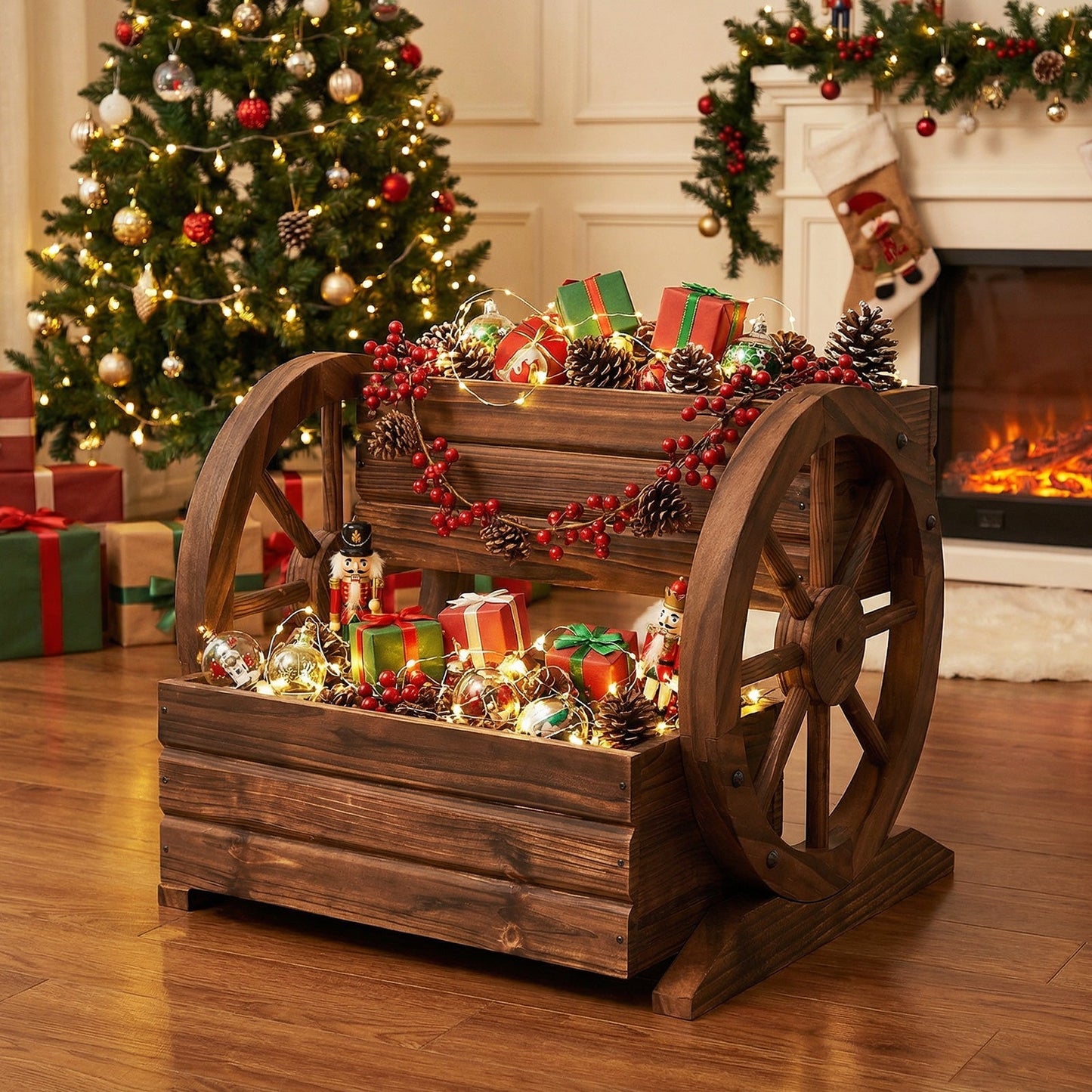 2-Tier Raised Garden Bed Rustic Wood Wagon Shape with Drainage Holes and Wheels-Coffee