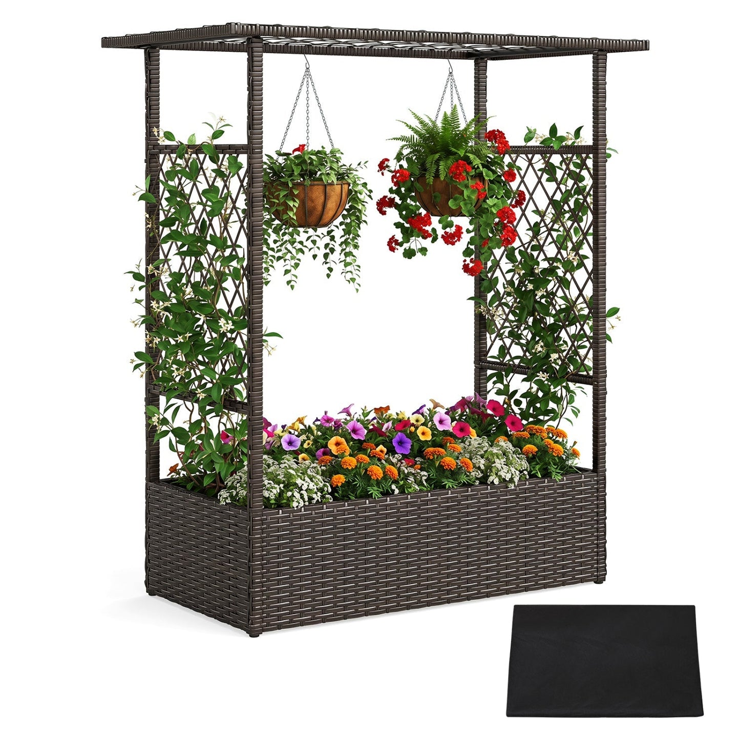 Raised Garden Bed with Hanging Roof and Trellises