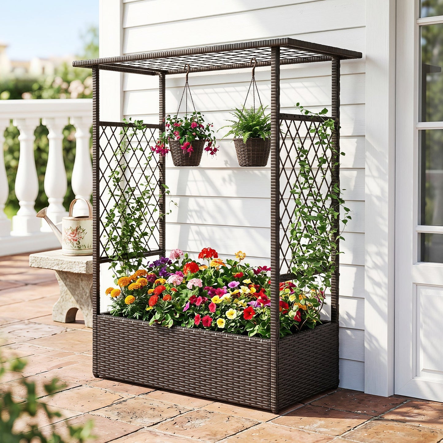 Raised Garden Bed with Hanging Roof and Trellises